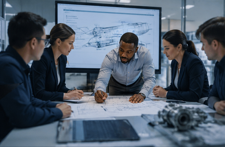 Photo of a group of employees strategizing in a conference room