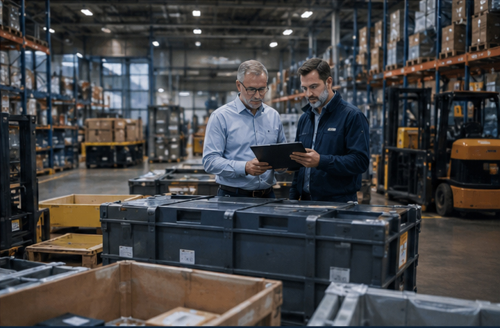 A photo of two employees in a warehouse looking over a manifest