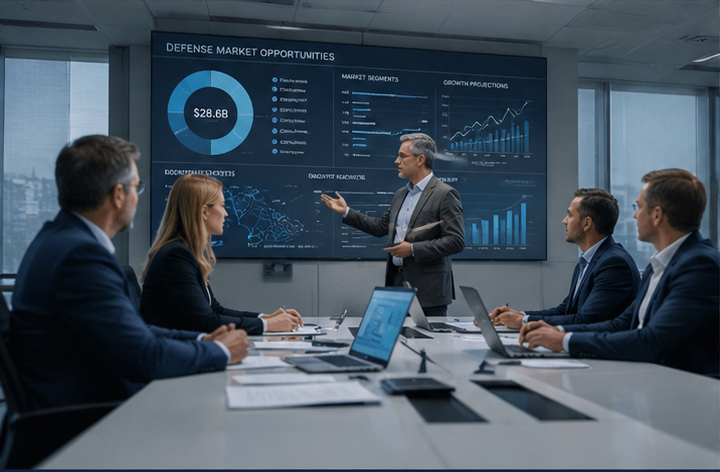 Photo of a group of employees in a conference room listening to a project leader